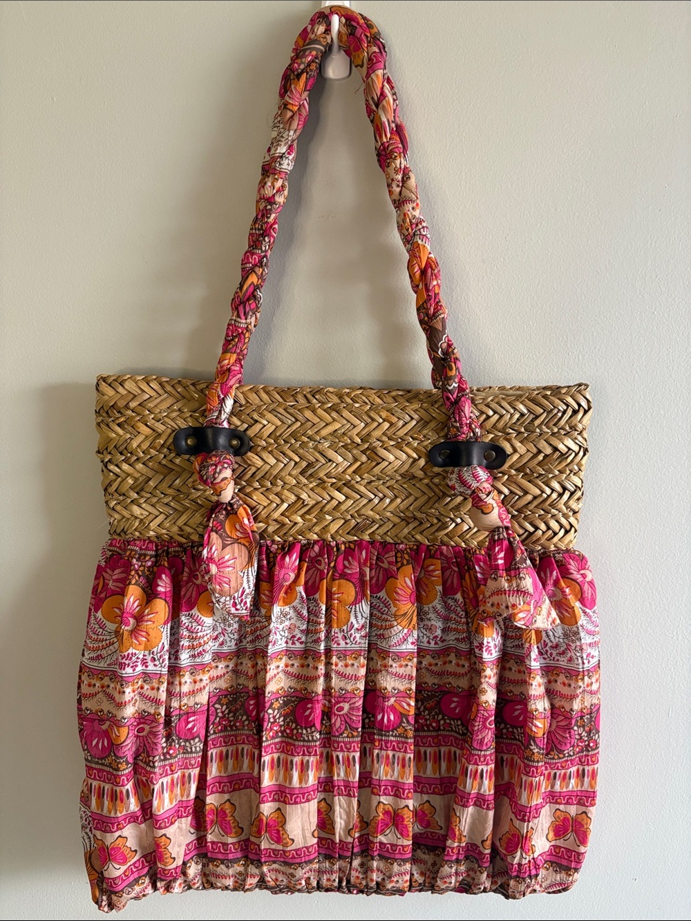 Poppie Jones Straw Tote Bag Floral Scarf Handles Boho‎ Beach